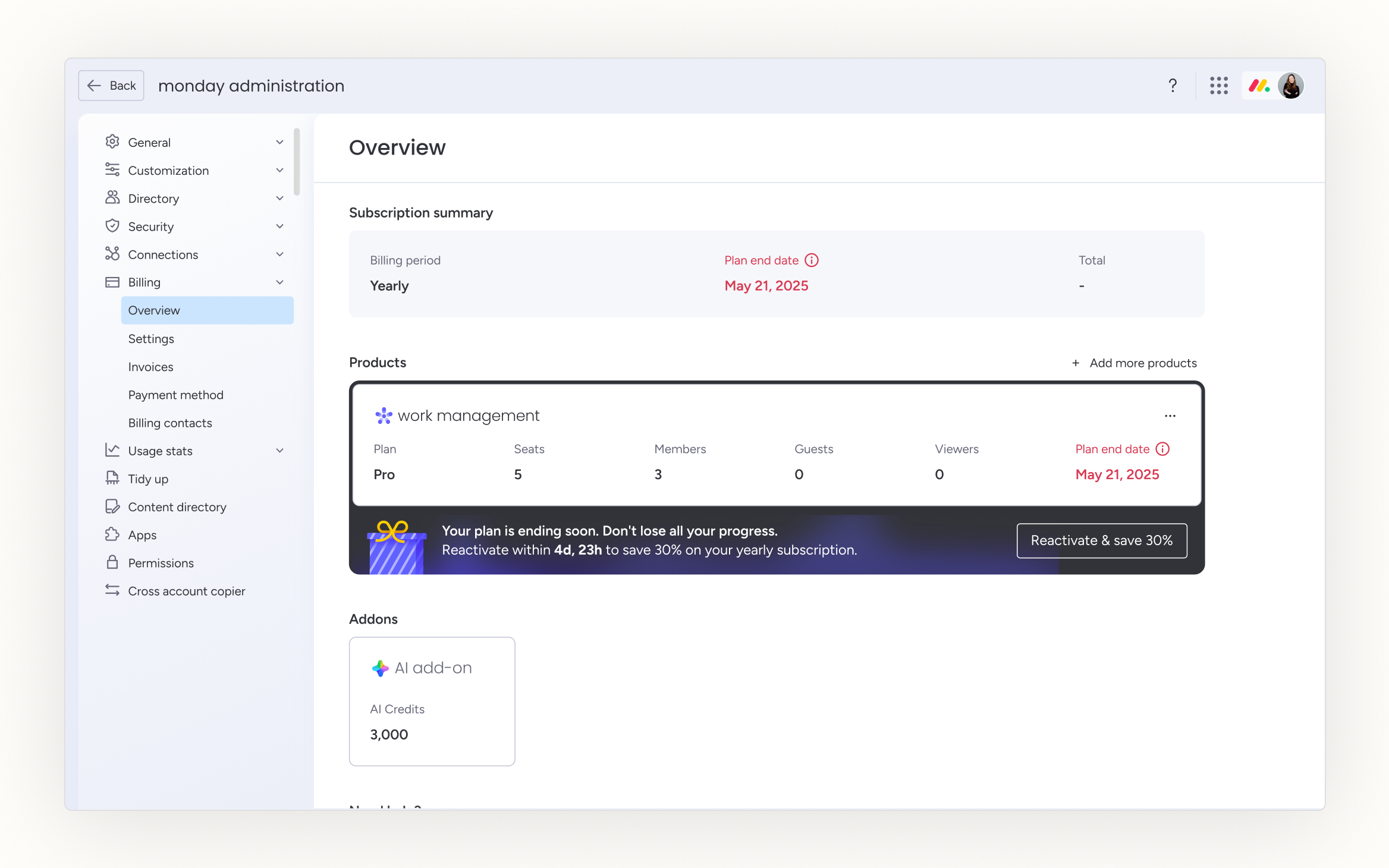 The resurrection offer shown on the billing admin page