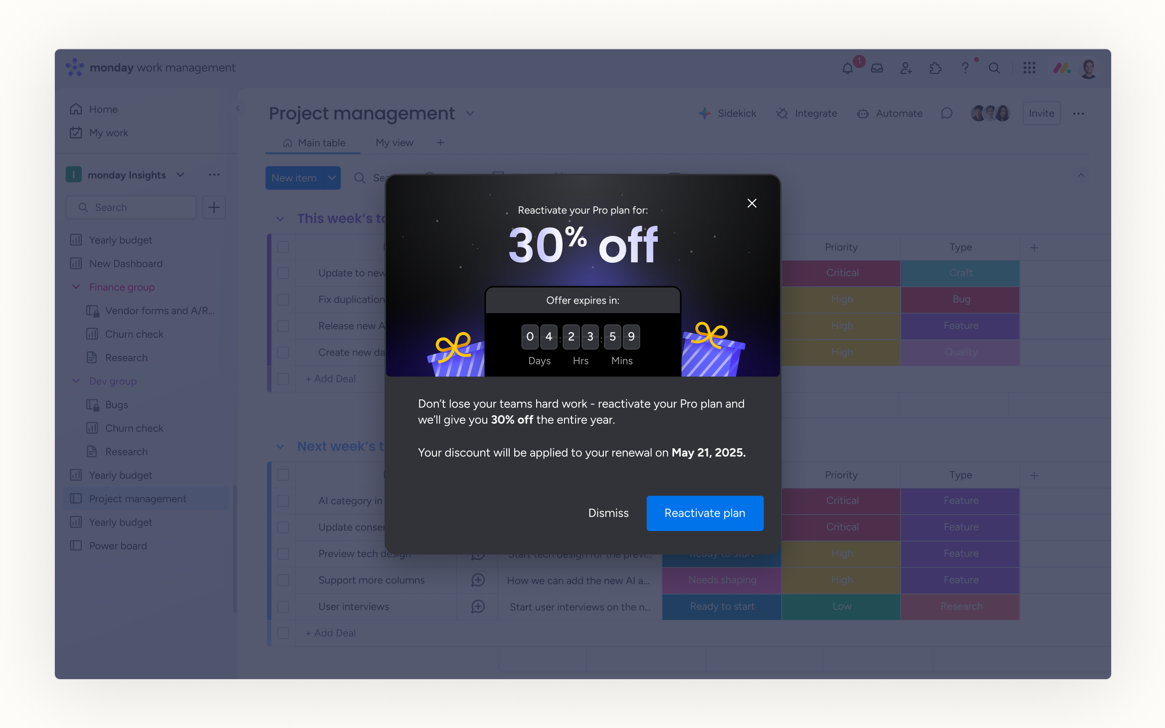The reactivation offer modal shown to admins who logged back in after cancelling