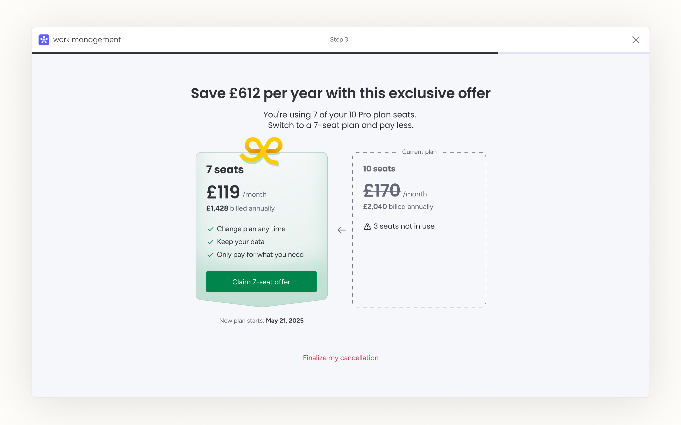 The seat tier offer screen for a team paying for more seats than it uses