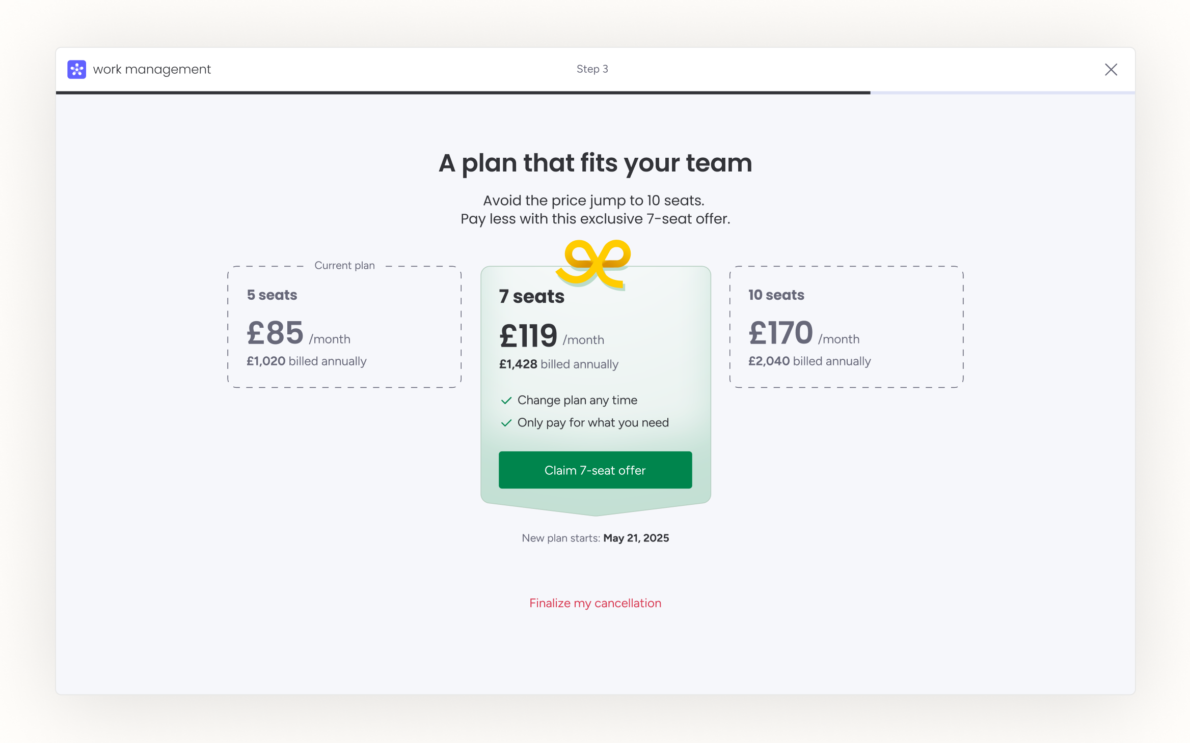 The seat tier offer screen showing a growing team a custom 7-seat plan instead of the jump to 10 seats