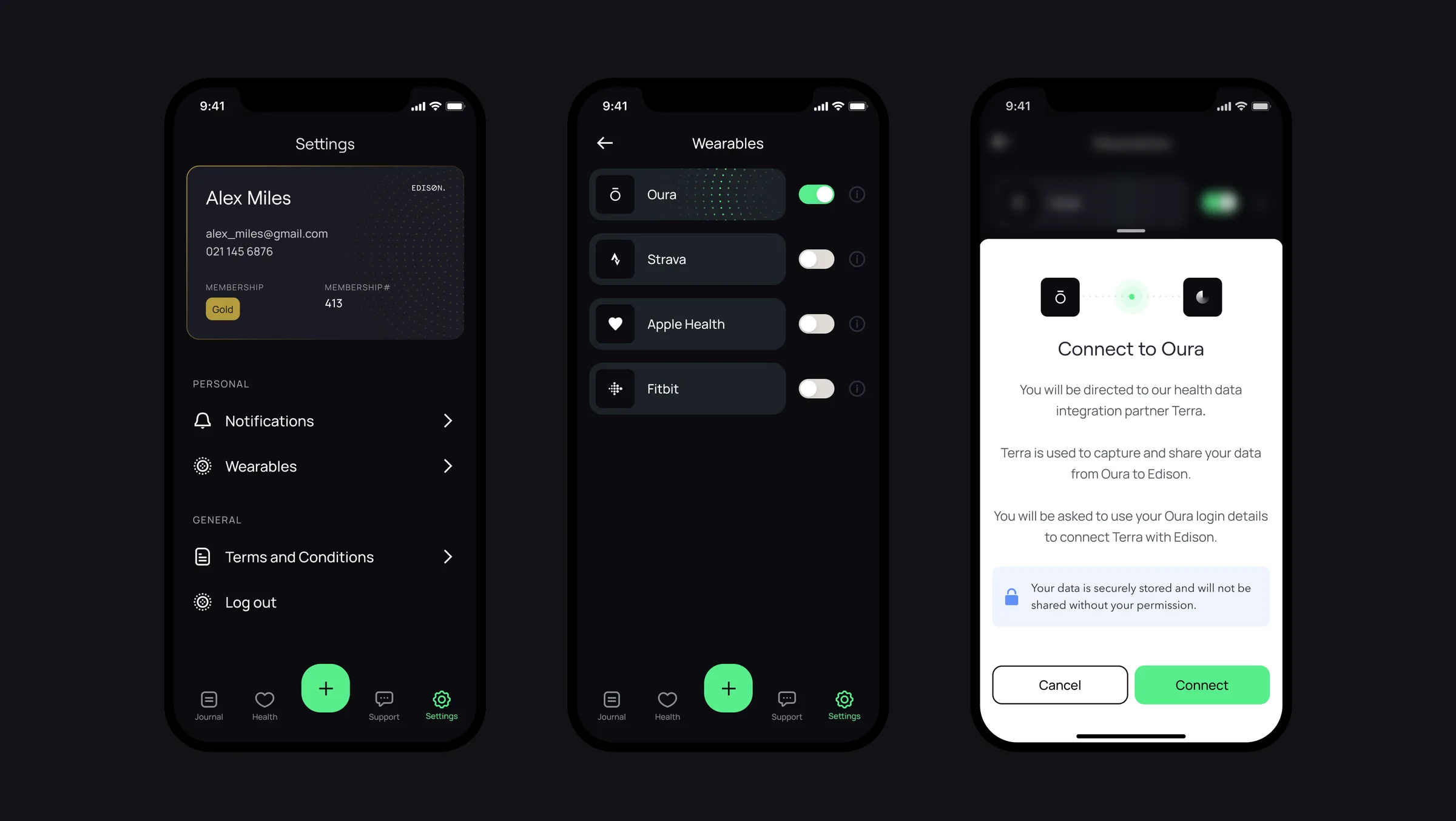 Account screens for connecting wearables and managing member details
