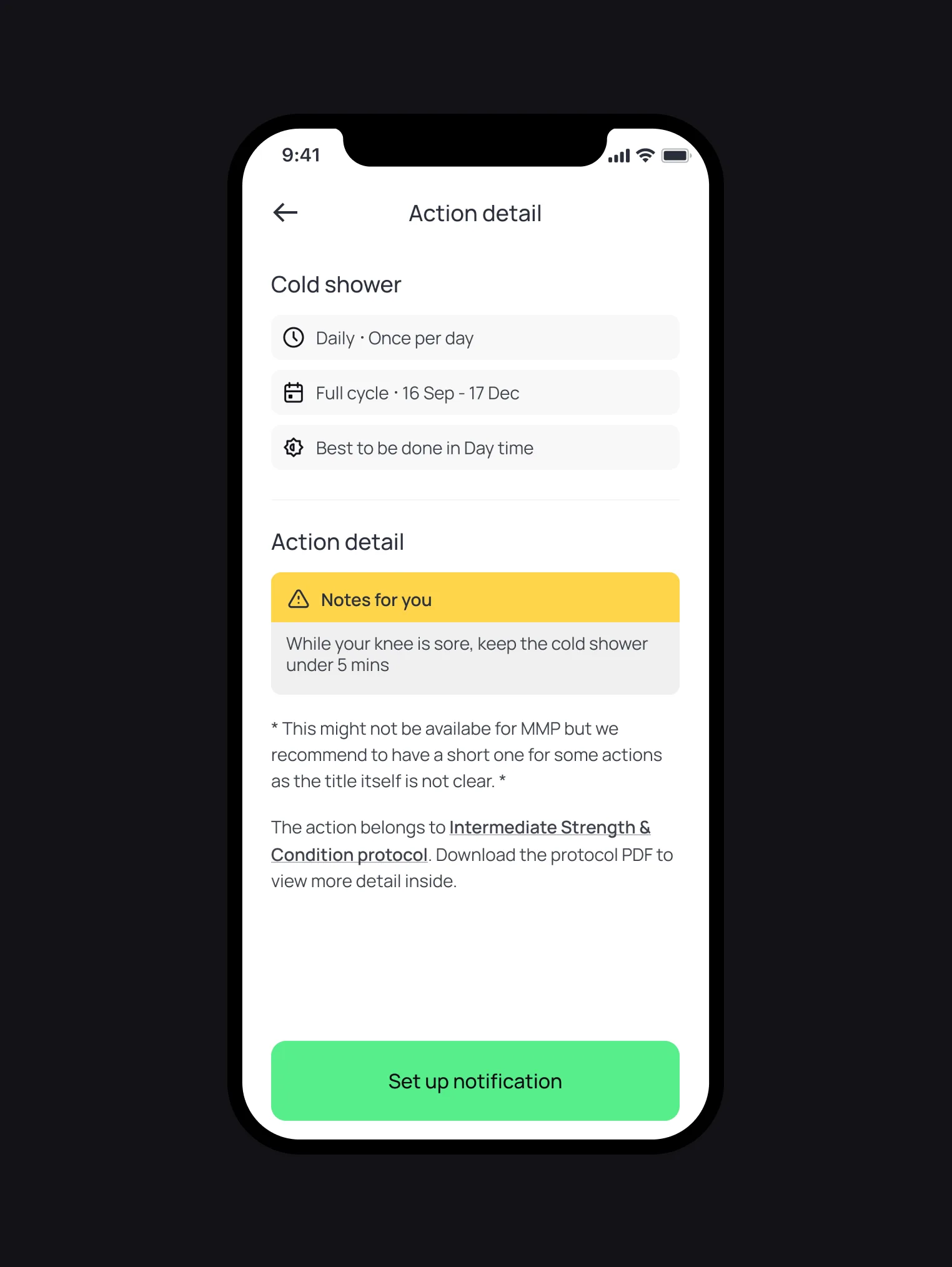 A single protocol action expanded with its detail and guidance