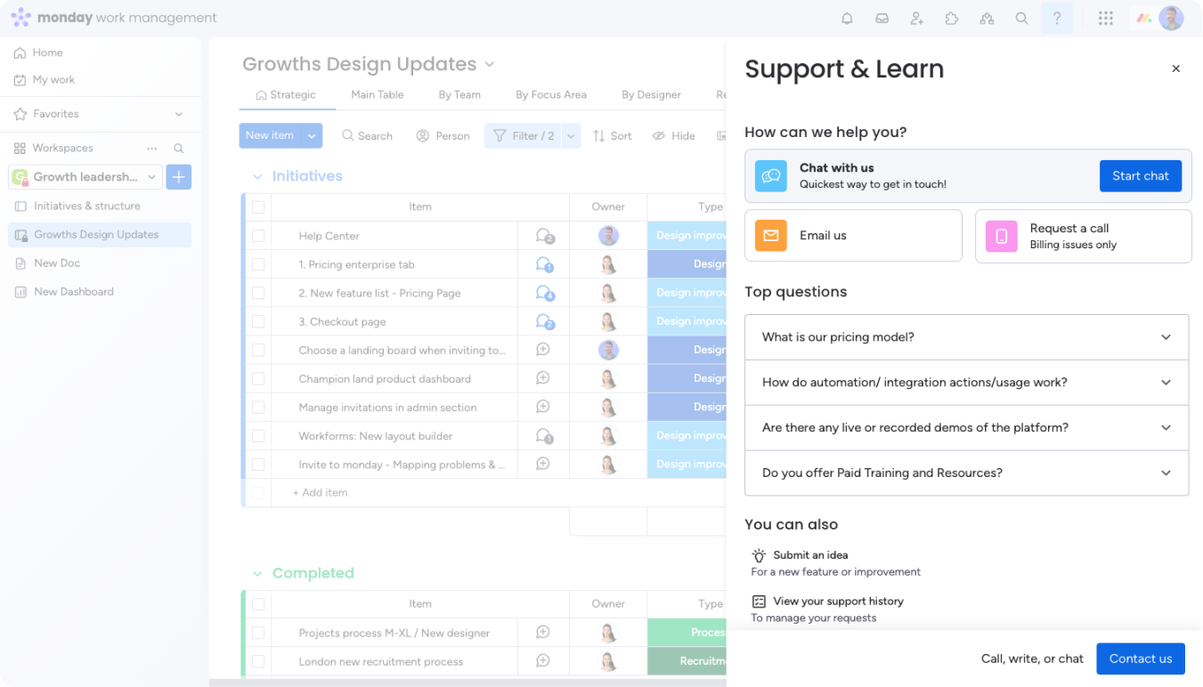 The old Support & Learn side panel over a monday.com board