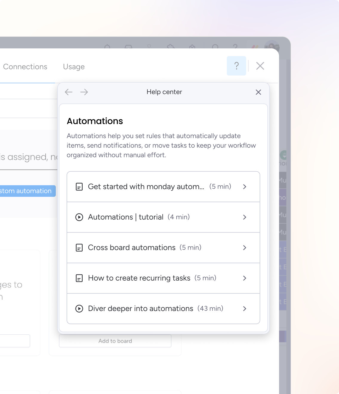 Contextual help panel inside the monday.com automation centre