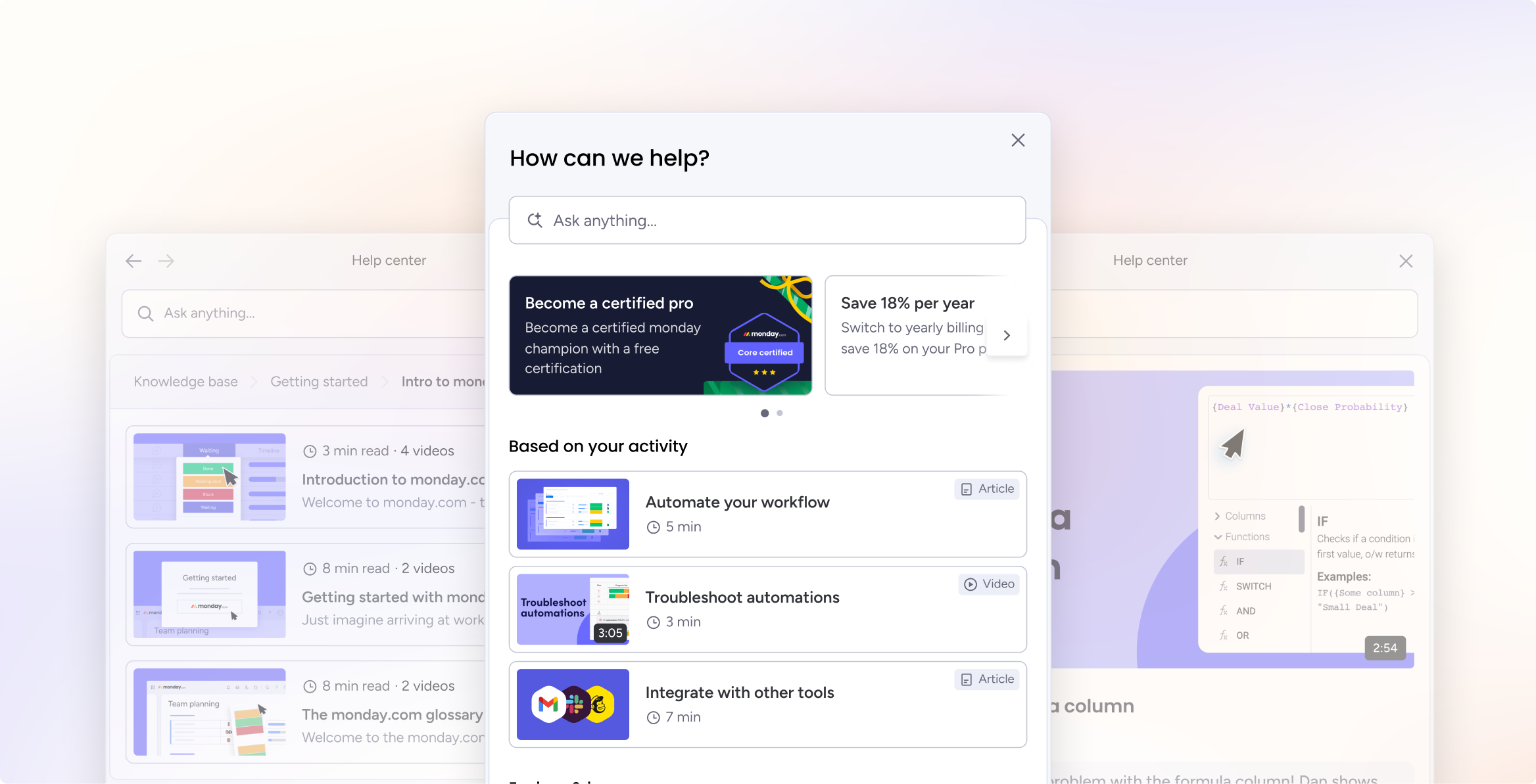 The rebuilt in-app help centre as a floating window over articles and a video, with personalised recommendations and a search field