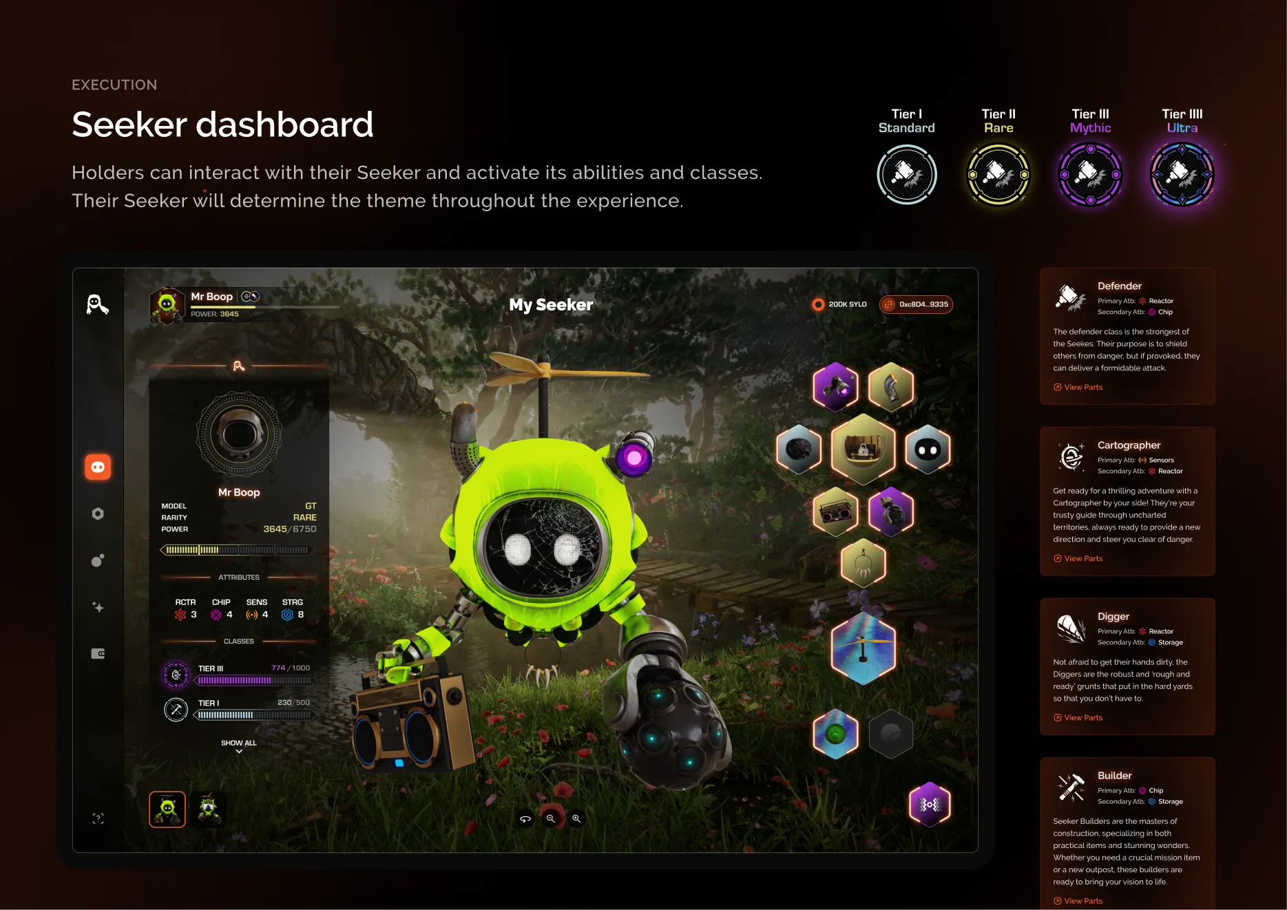 The My Seeker screen showing a Seeker robot with its traits and upgrade options