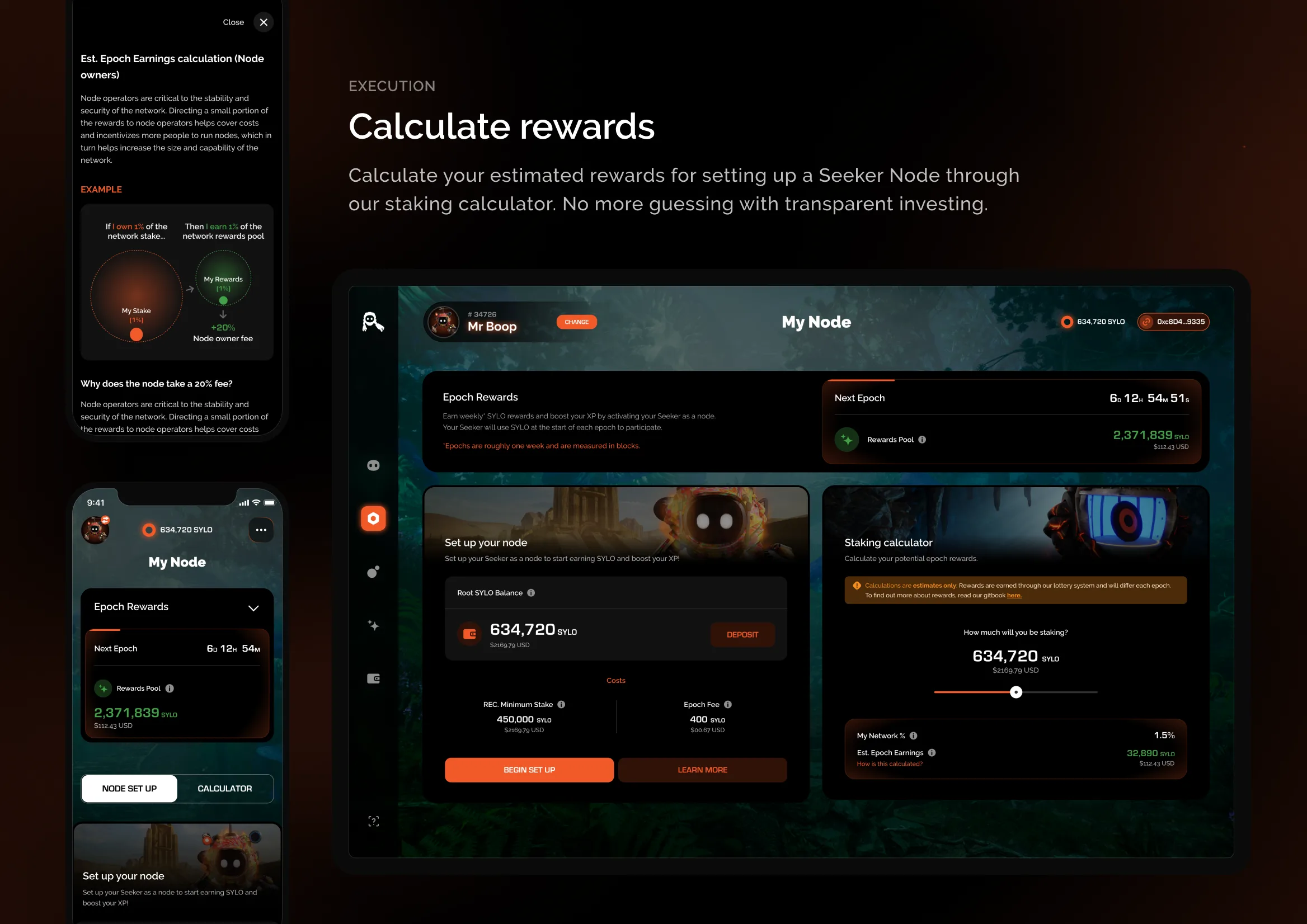 A rewards calculator estimating what a holder would earn from running a node
