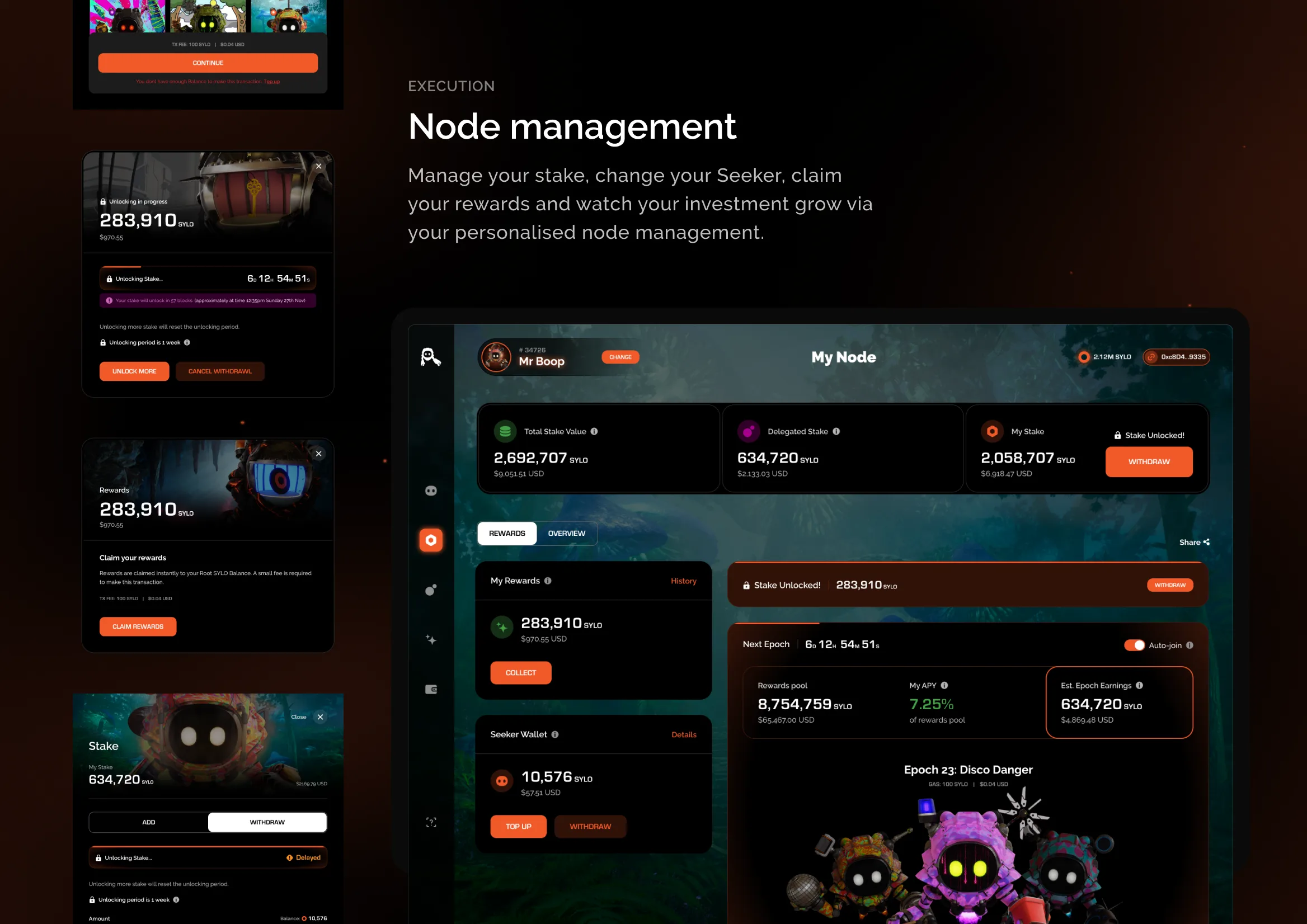 The node management dashboard showing node status and token top-ups