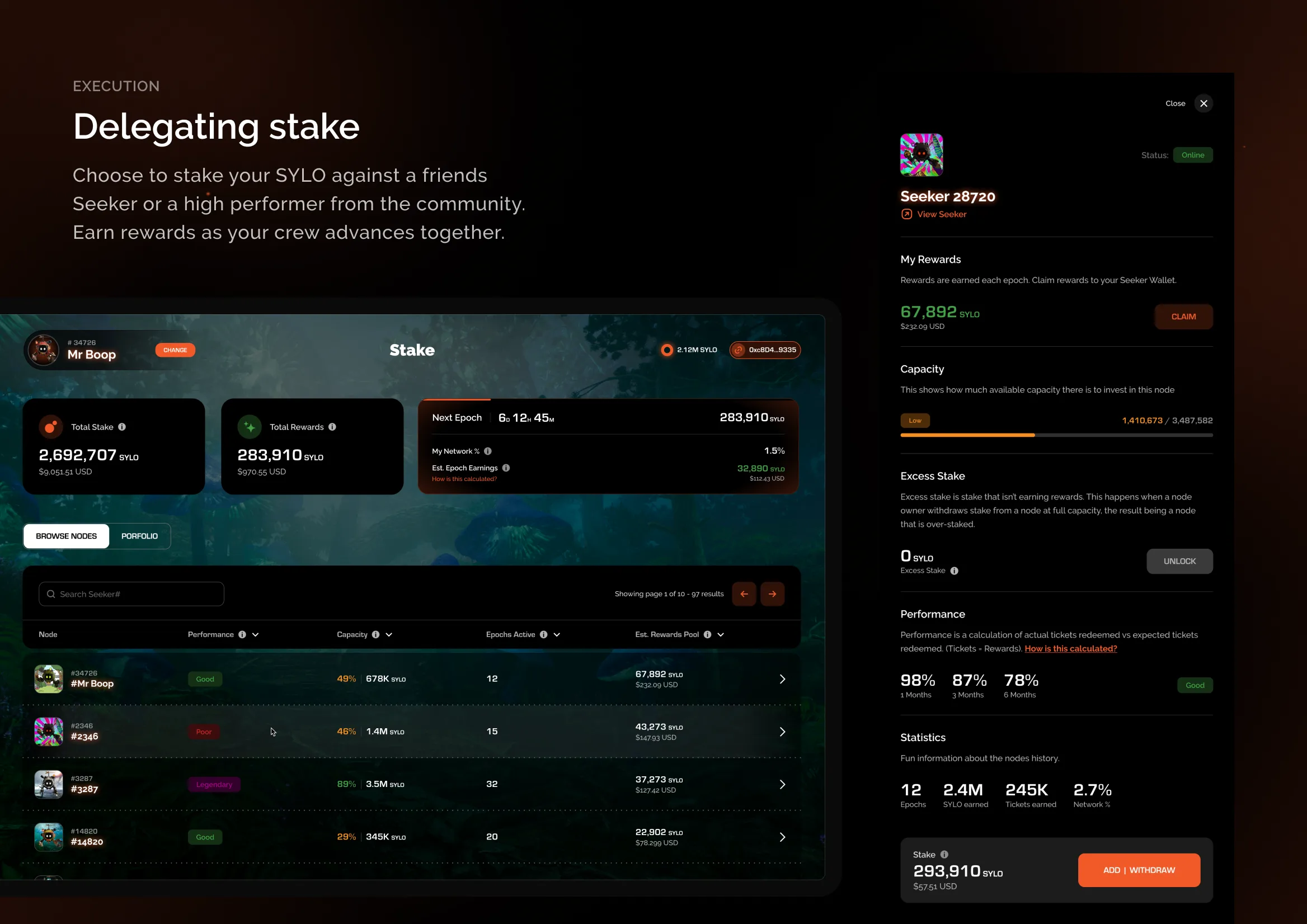The delegate stake screen for staking against an existing node